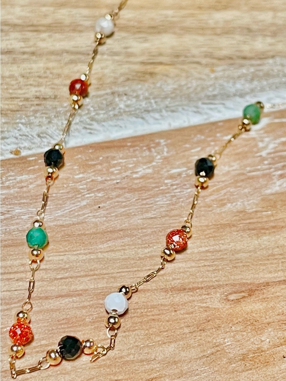 Gold Beaded Station Necklace with Multi-Colored Gem Beads